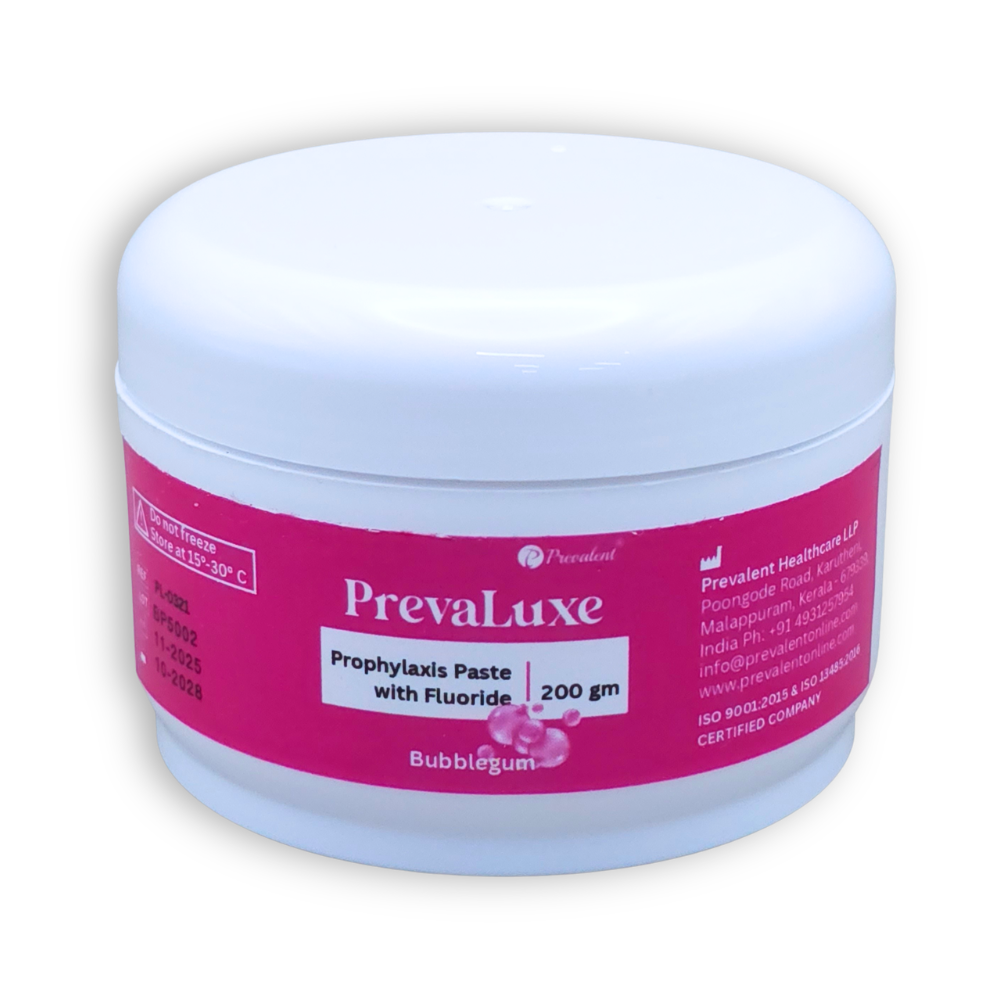 PrevaLuxe prophylaxis paste with 1.29% fluoride medium grit spatter-free gluten free bubblegum flavour dental cleaning paste
