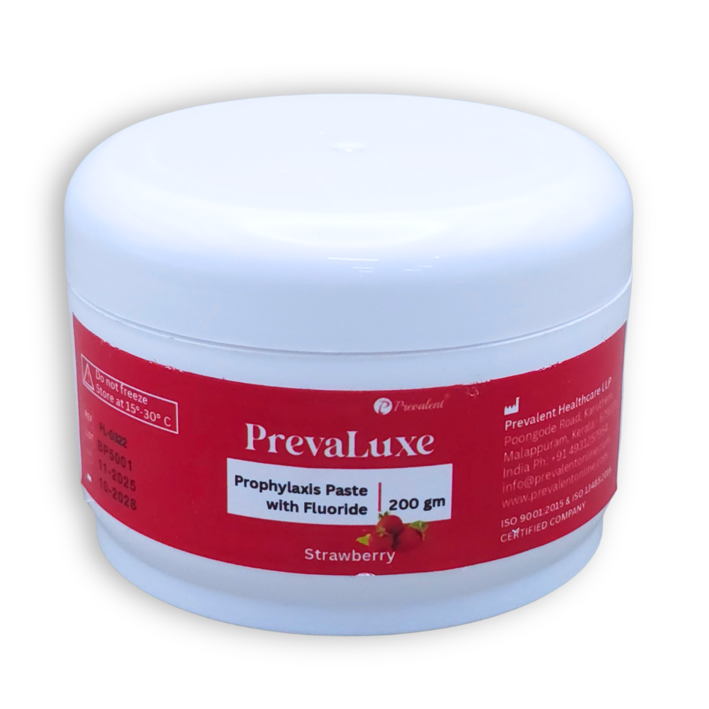 PrevaLuxe prophylaxis paste with 1.29% fluoride medium grit spatter-free gluten free strawberry flavour dental cleaning paste